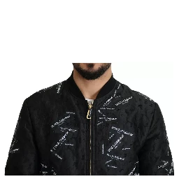 Black Logo Patch Brocade Bomber Full Zip Jacket