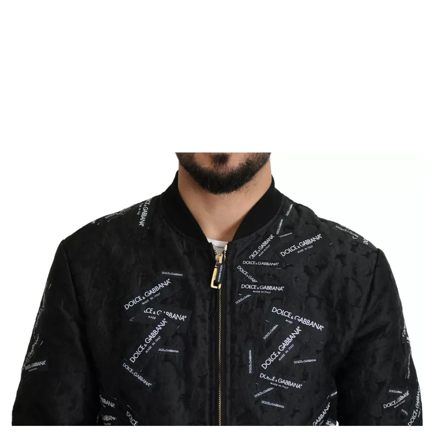 Black Logo Patch Brocade Bomber Full Zip Jacket