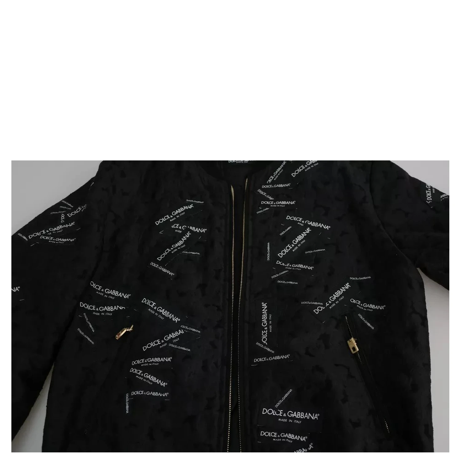 Black Logo Patch Brocade Bomber Full Zip Jacket