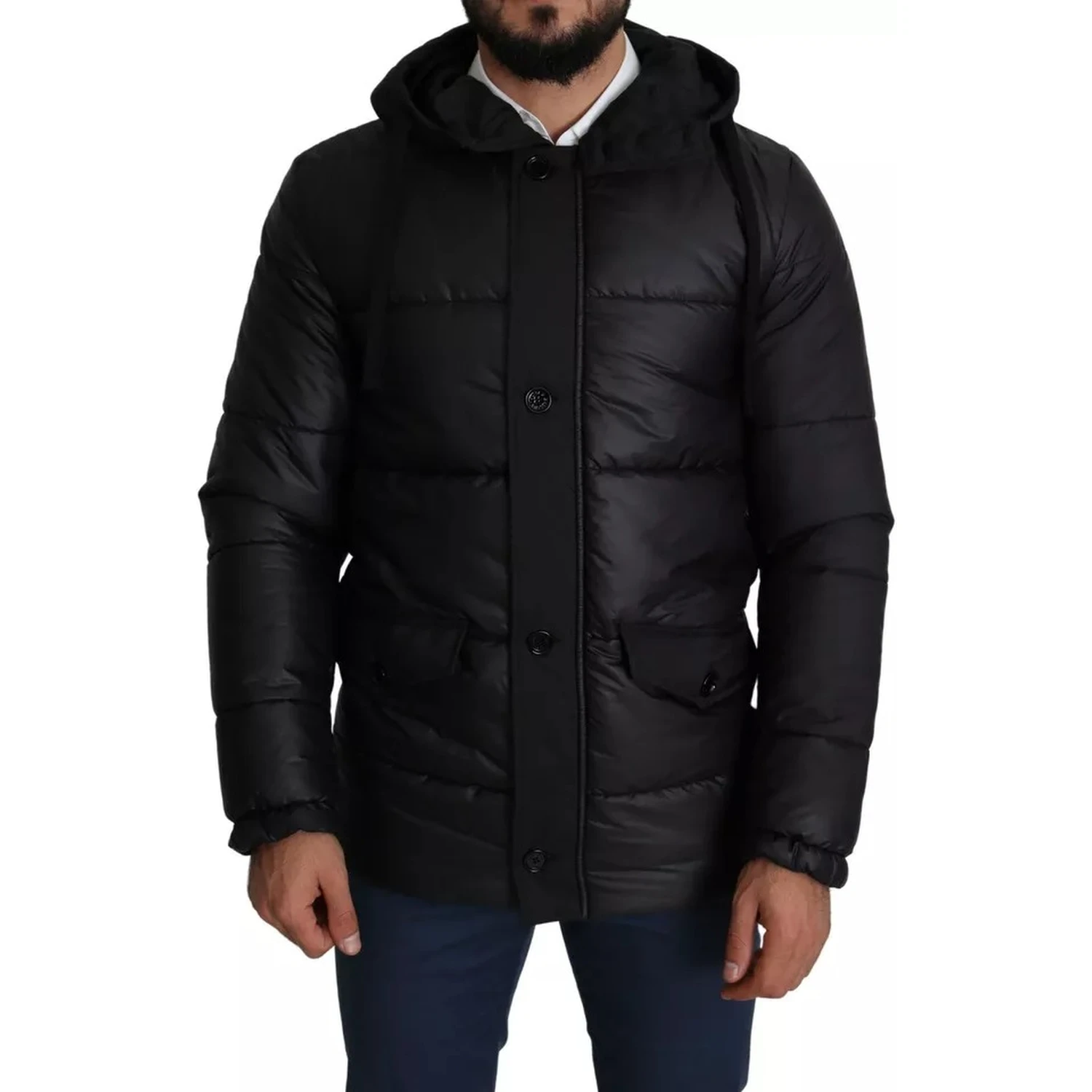 Black Hooded Polyester Men Coat Puffer Jacket
