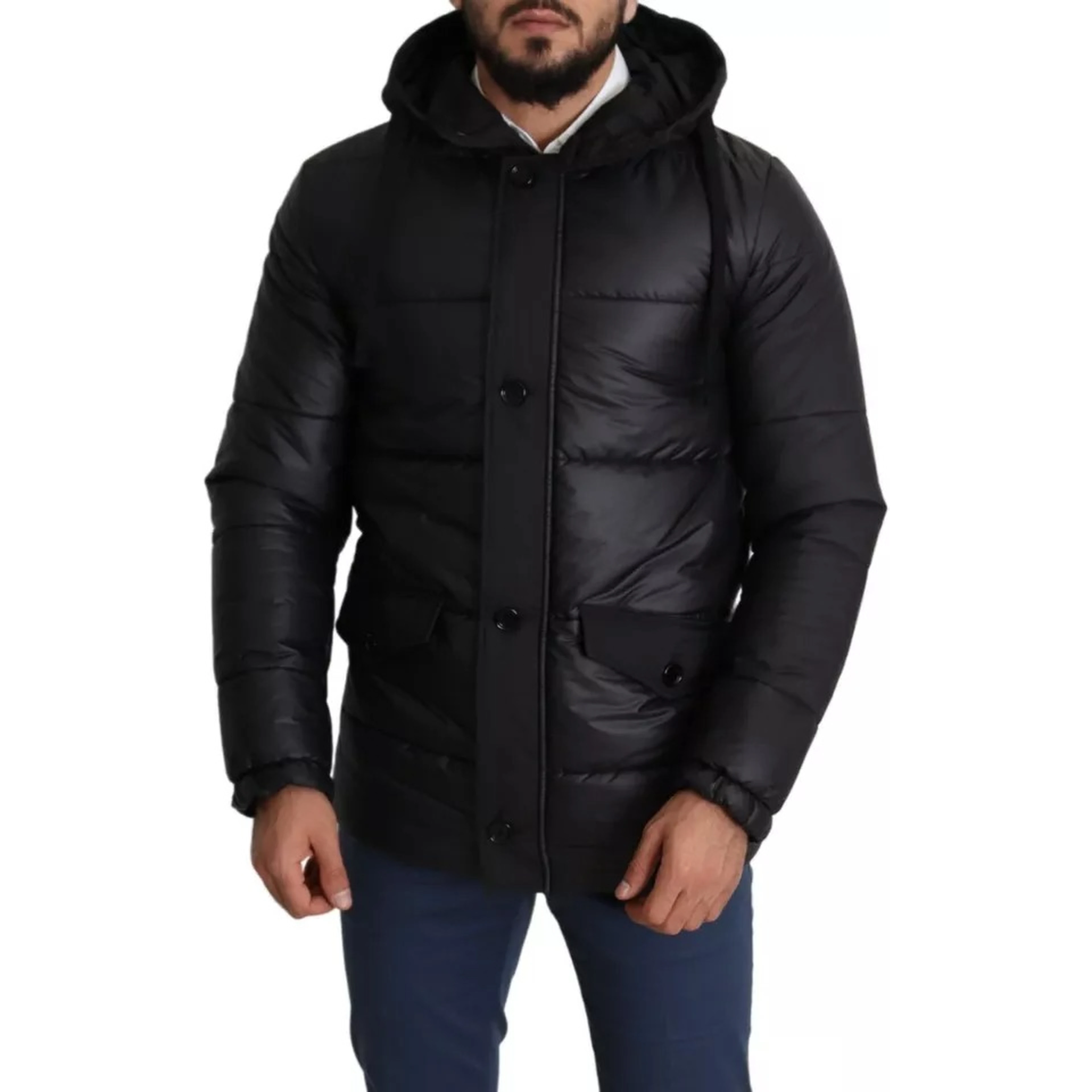 Black Hooded Polyester Men Coat Puffer Jacket