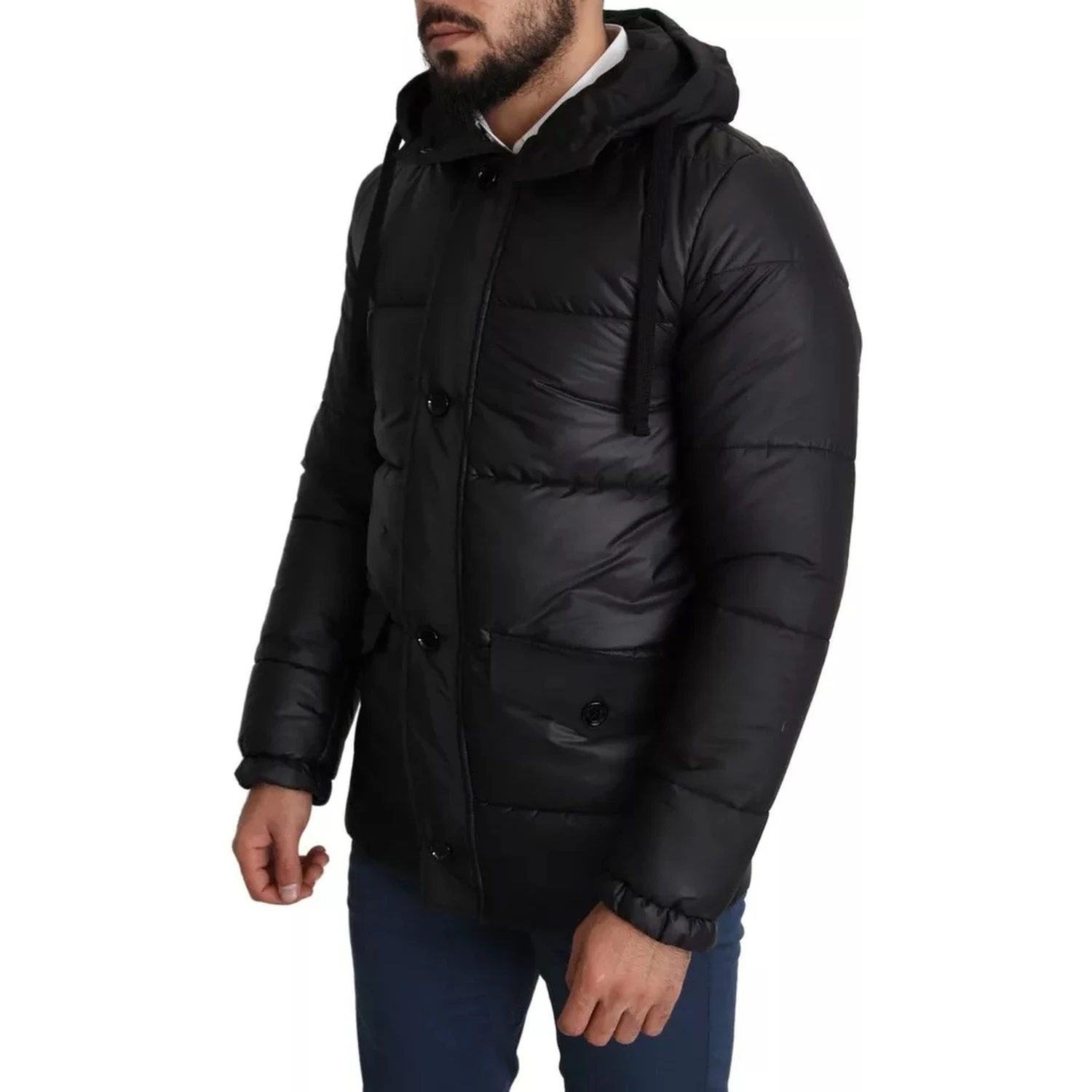 Black Hooded Polyester Men Coat Puffer Jacket