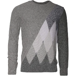 Gray Cashmere Argyle Intarsia Knit Crew Neck Sweater