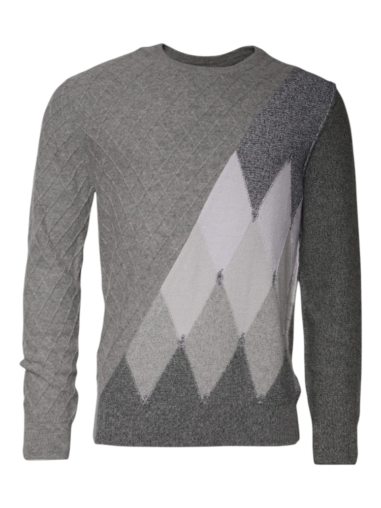 Gray Cashmere Argyle Intarsia Knit Crew Neck Sweater