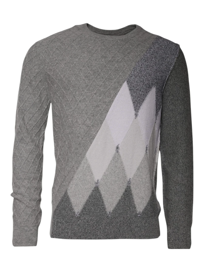 Gray Cashmere Argyle Intarsia Knit Crew Neck Sweater