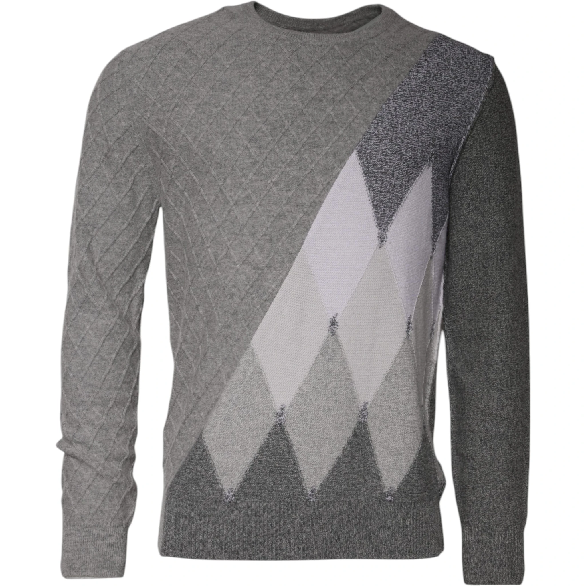 Gray Cashmere Argyle Intarsia Knit Crew Neck Sweater