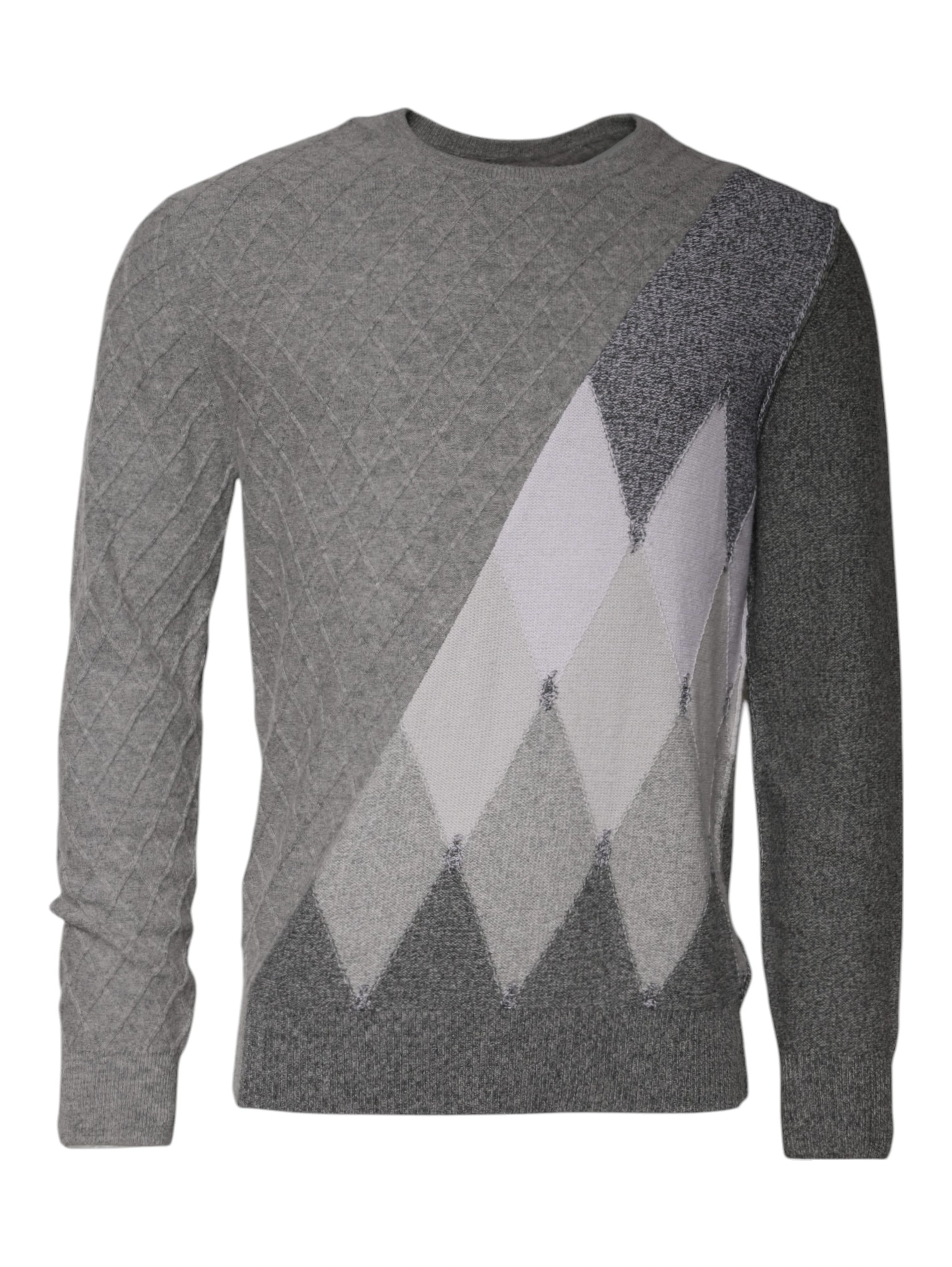 Gray Cashmere Argyle Intarsia Knit Crew Neck Sweater