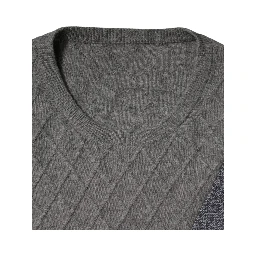 Gray Cashmere Argyle Intarsia Knit Crew Neck Sweater