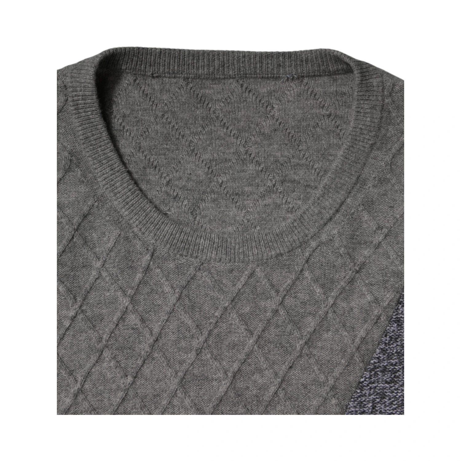 Gray Cashmere Argyle Intarsia Knit Crew Neck Sweater