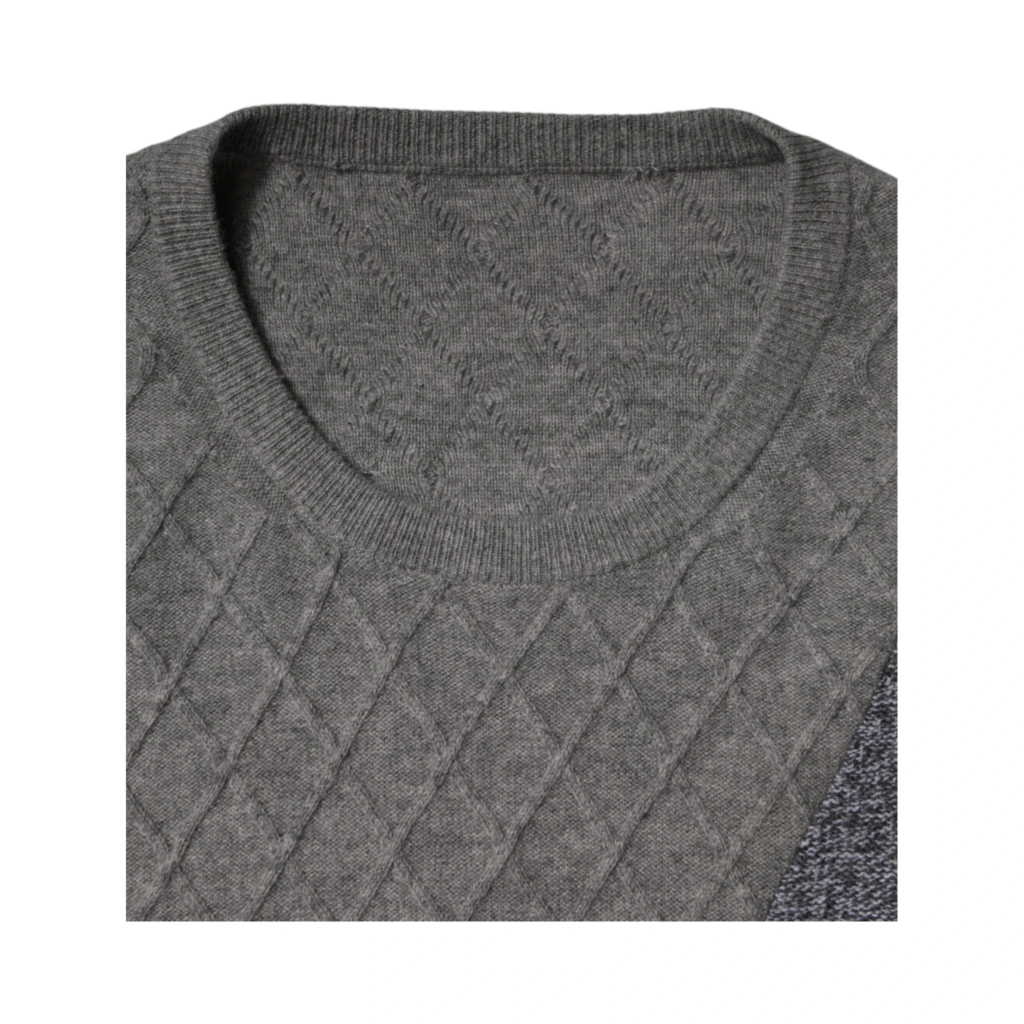 Gray Cashmere Argyle Intarsia Knit Crew Neck Sweater