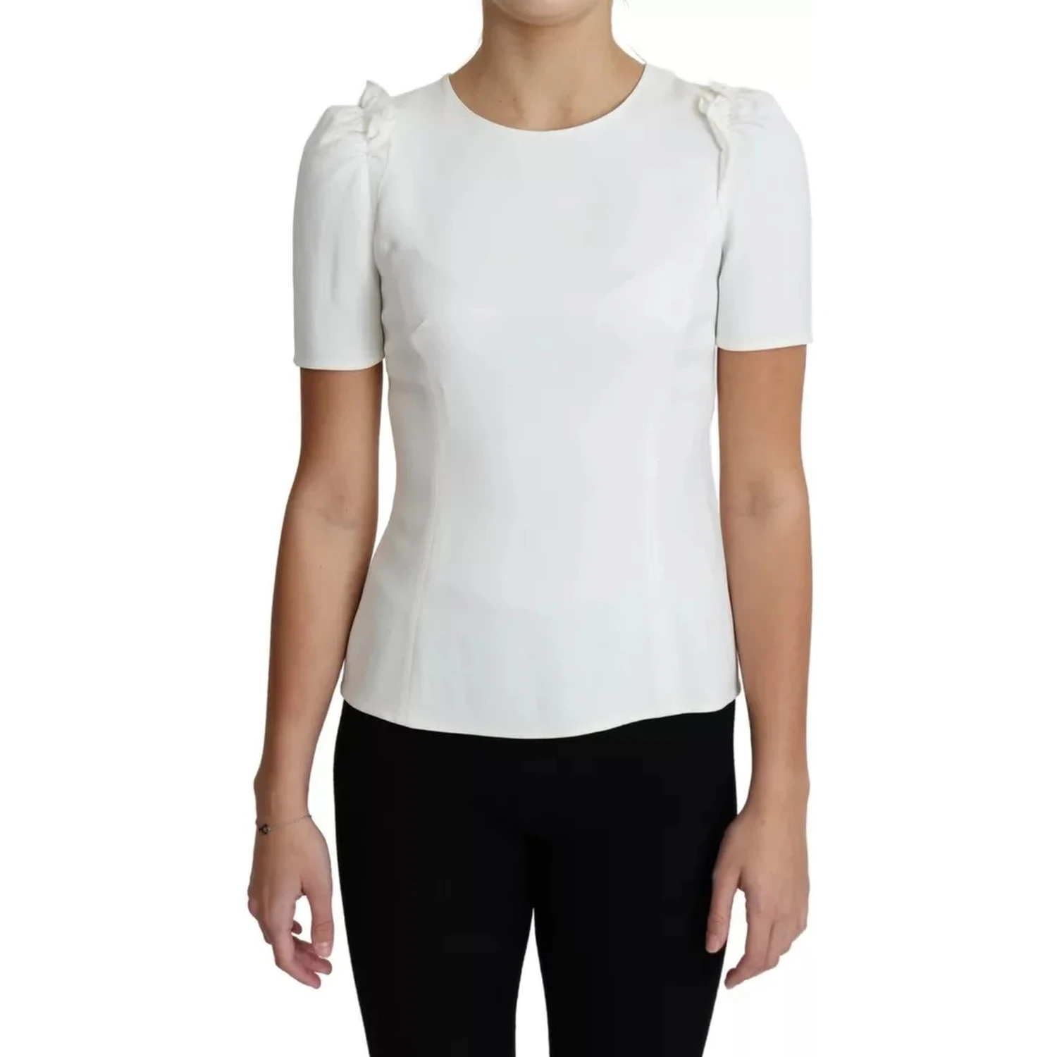 White Viscose Stretch Short Sleeves Blouse Top