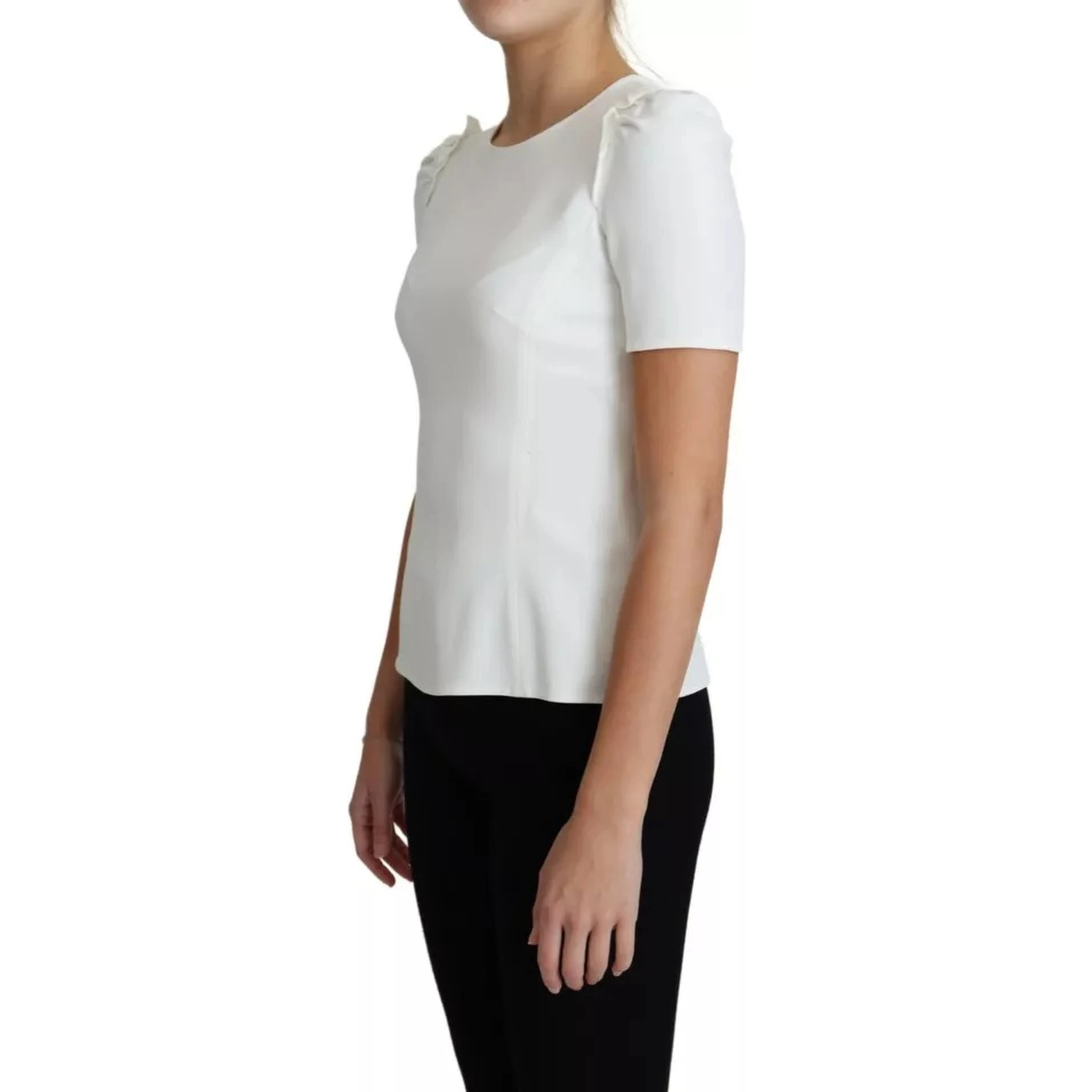 White Viscose Stretch Short Sleeves Blouse Top