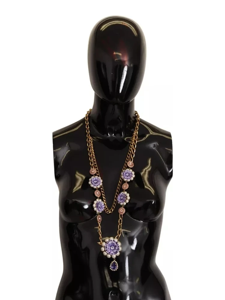Gold Tone Floral Crystals Purple Embellished Necklace