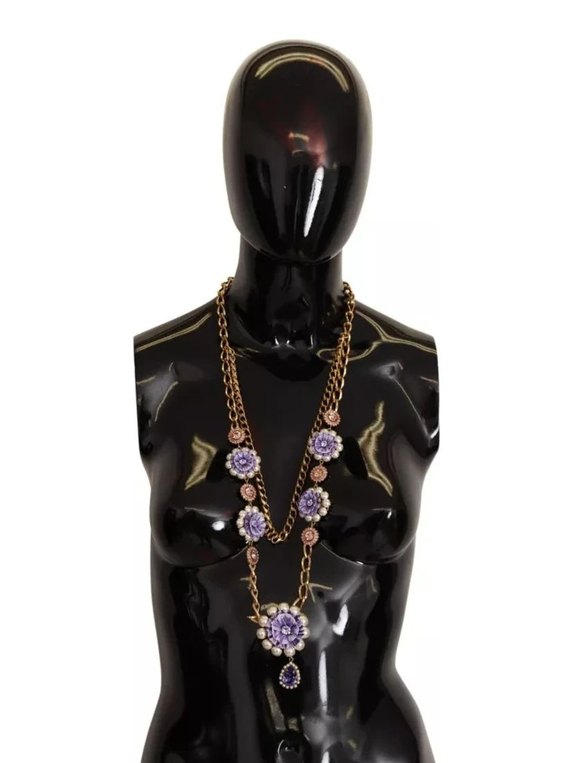 Gold Tone Floral Crystals Purple Embellished Necklace
