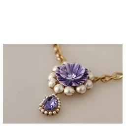 Gold Tone Floral Crystals Purple Embellished Necklace