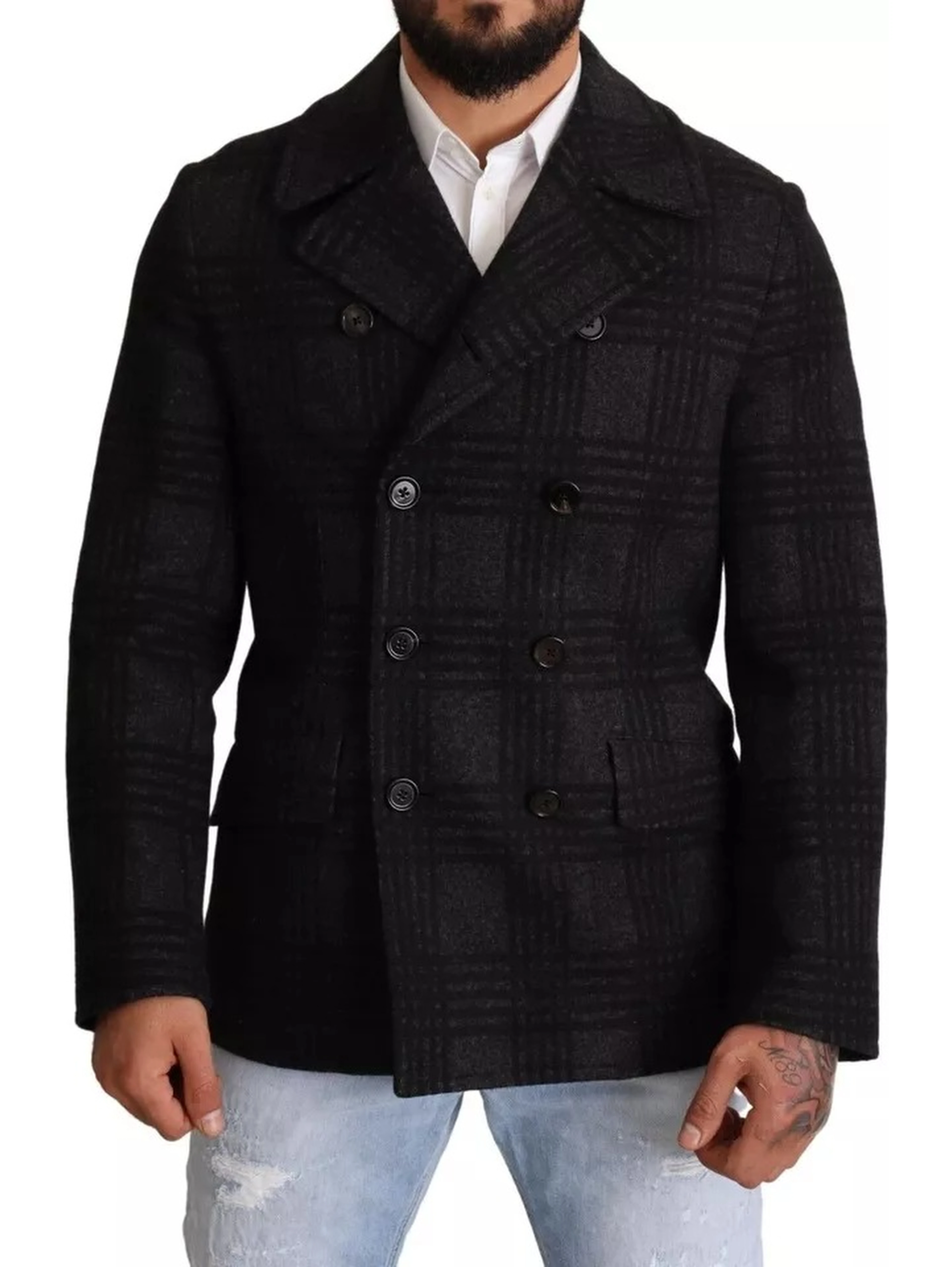 Black Trench Coat Check Wool Jacket