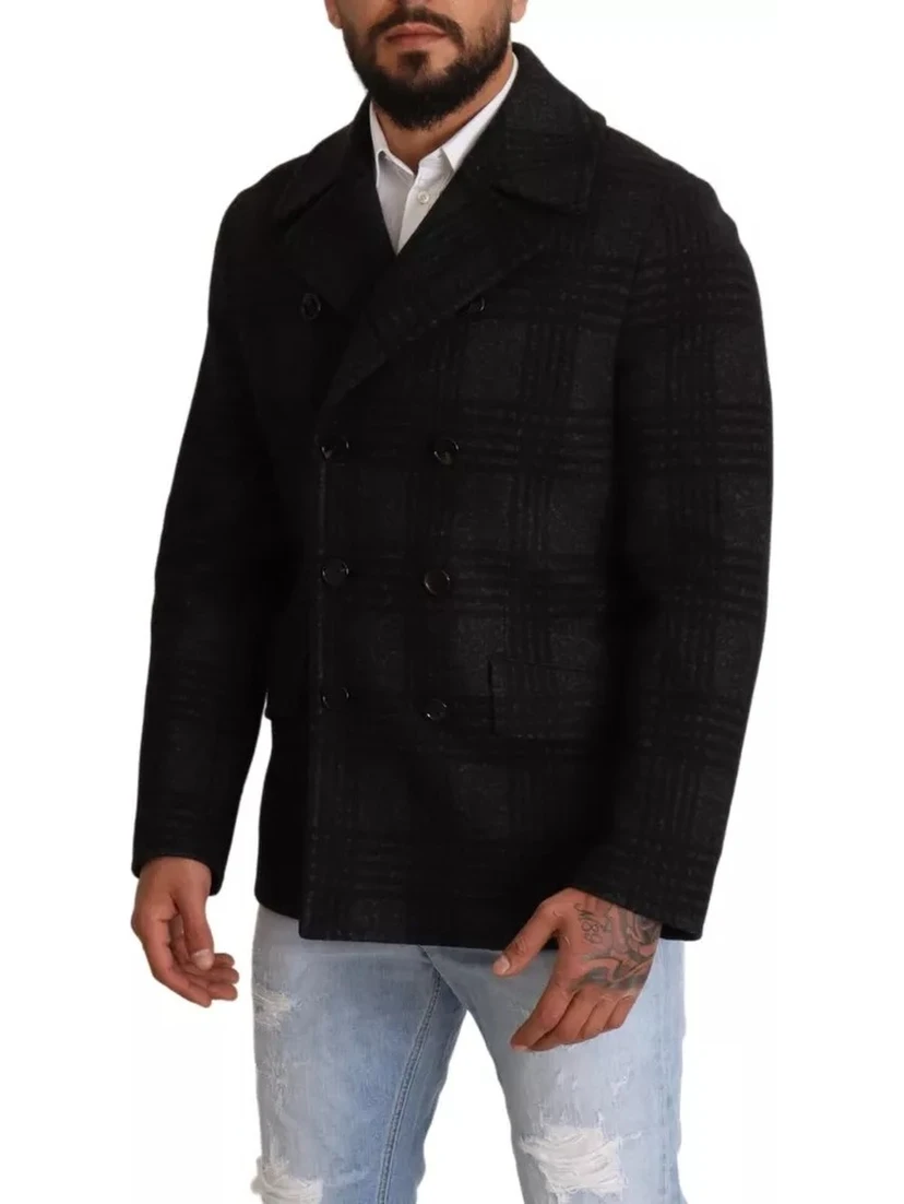 Black Trench Coat Check Wool Jacket