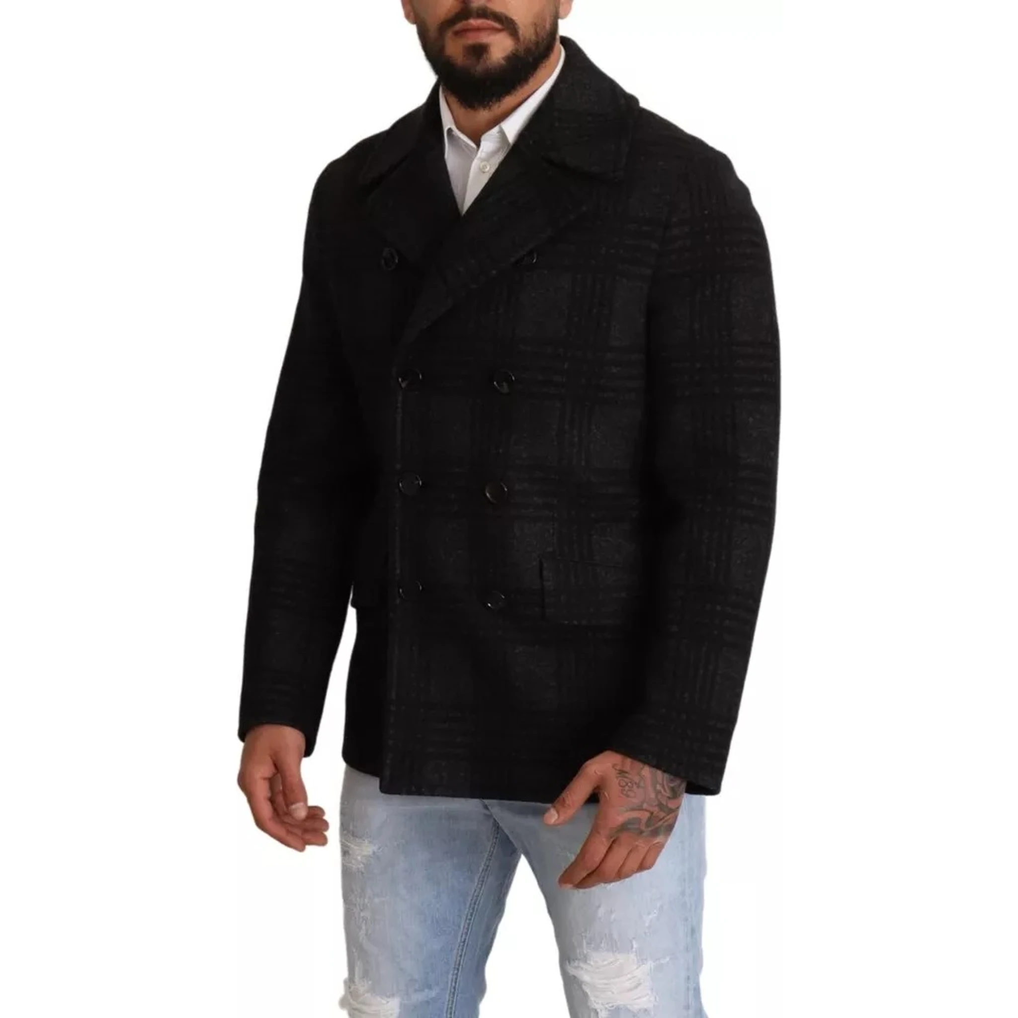 Black Trench Coat Check Wool Jacket