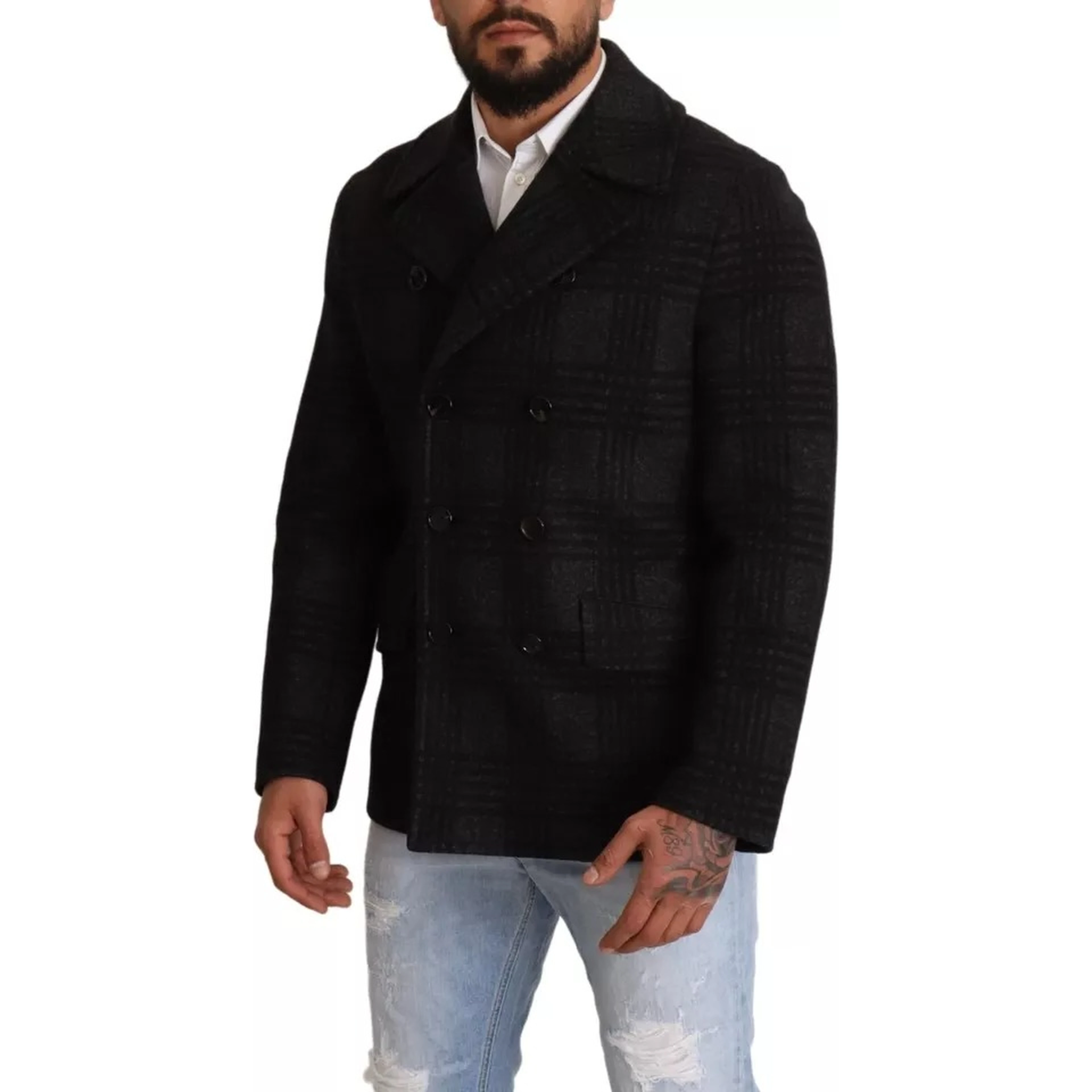 Black Trench Coat Check Wool Jacket