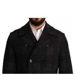 Black Trench Coat Check Wool Jacket
