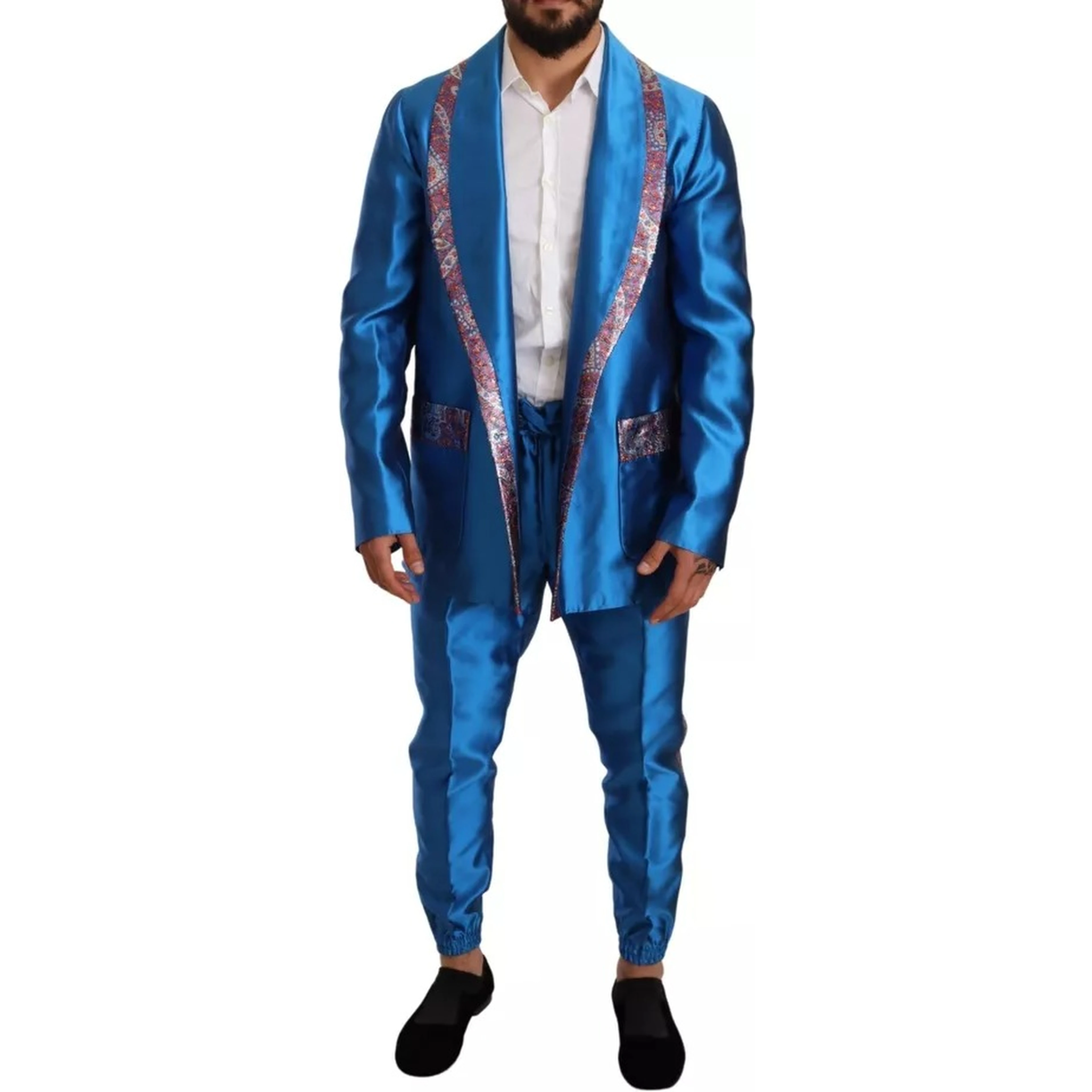 Blue Jacquard Silk Formal 2 Piece Set Suit