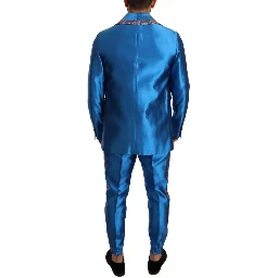 Blue Jacquard Silk Formal 2 Piece Set Suit