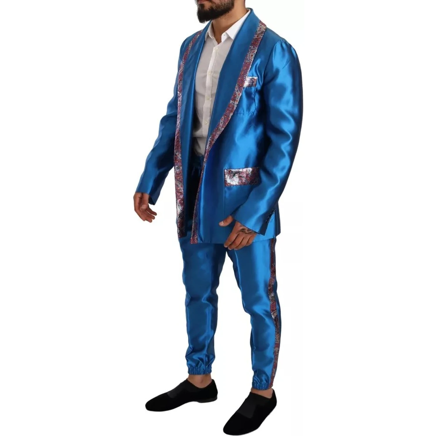 Blue Jacquard Silk Formal 2 Piece Set Suit