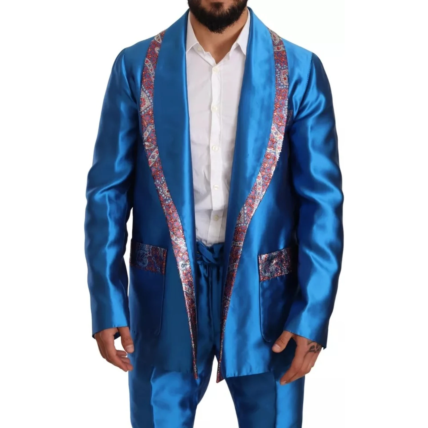 Blue Jacquard Silk Formal 2 Piece Set Suit