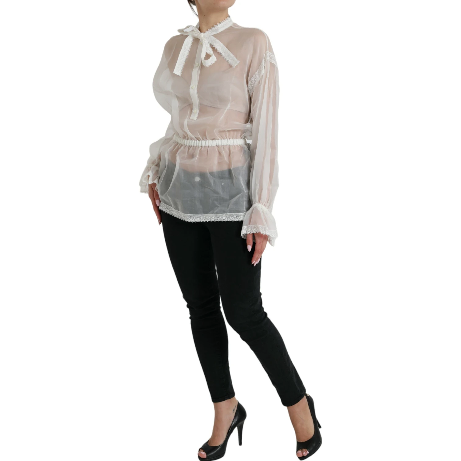 White Silk Long Sleeves Ascot Collar Top