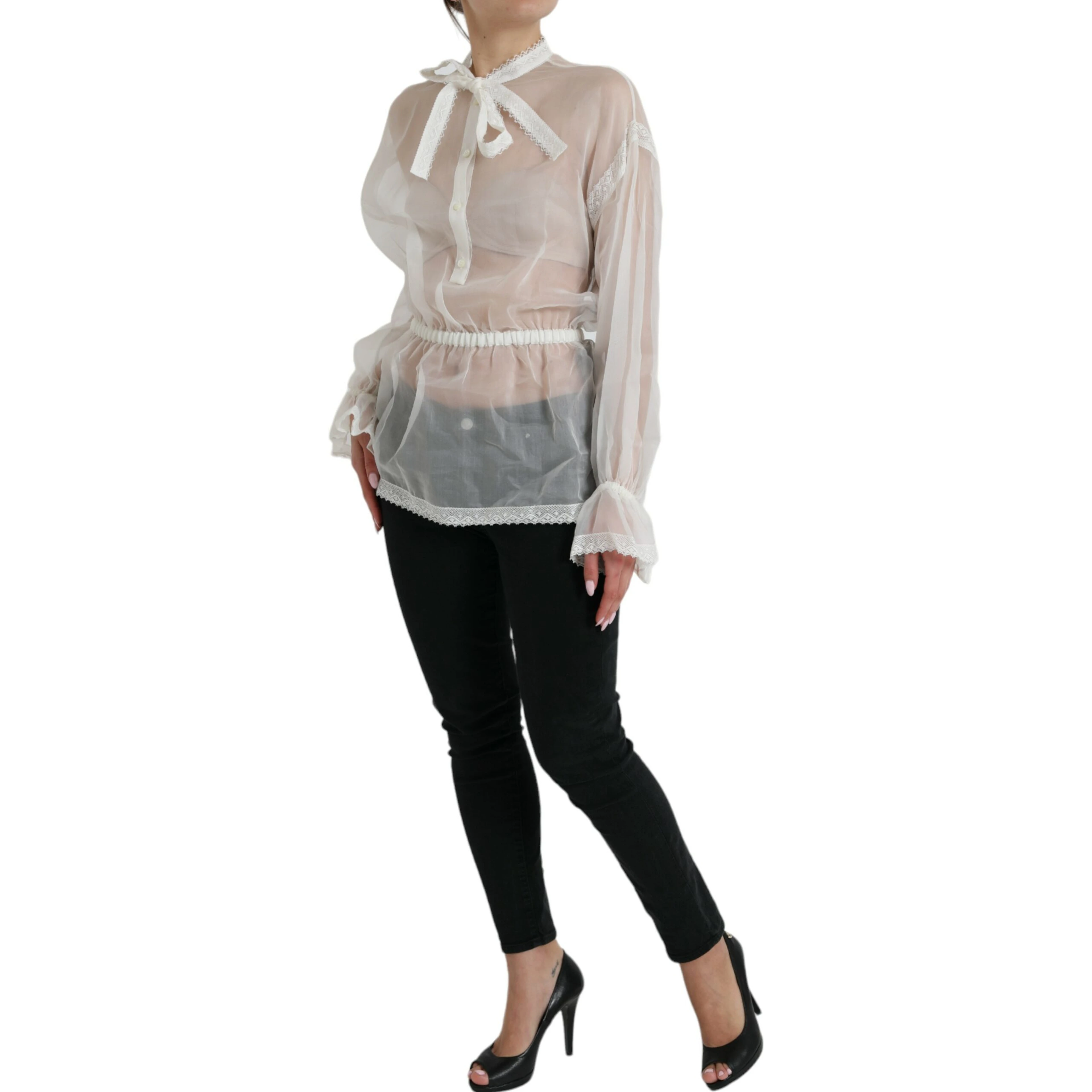 White Silk Long Sleeves Ascot Collar Top