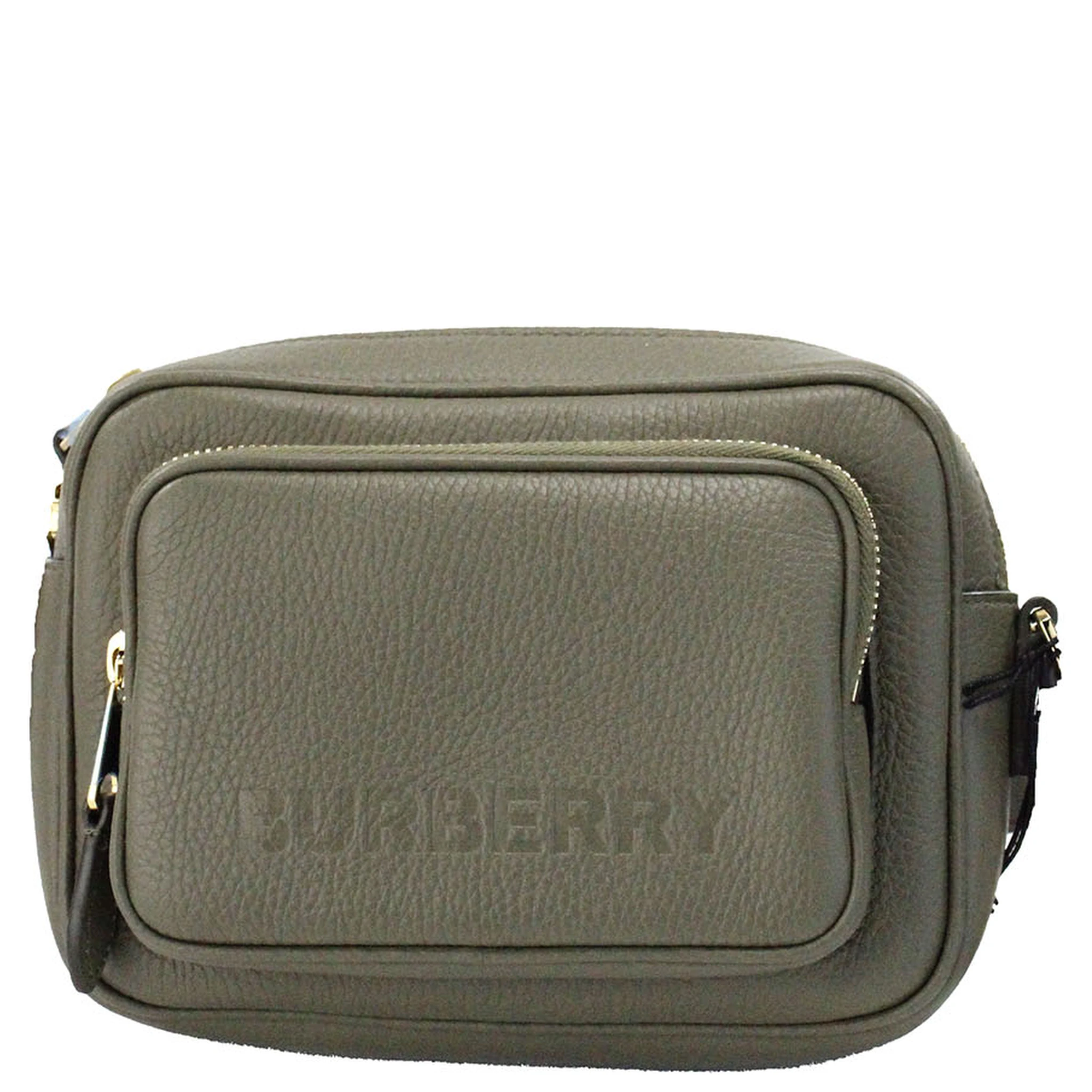 Small Branded Dark Fern Green Grainy Leather Camera Crossbody Bag