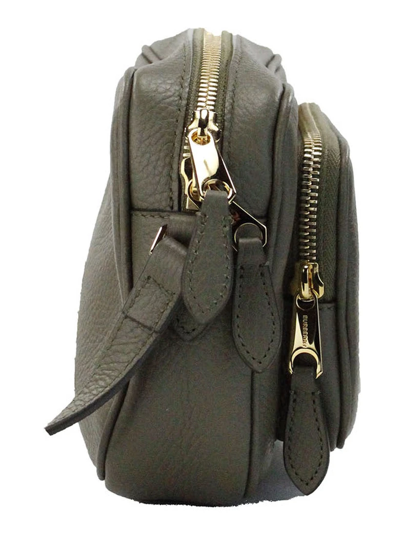 Small Branded Dark Fern Green Grainy Leather Camera Crossbody Bag