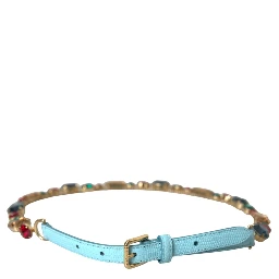 Light Blue Leather Crystal Chain Waist Belt