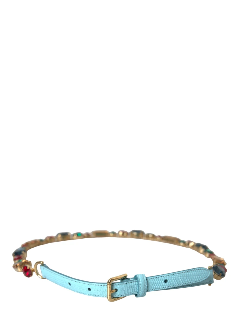 Light Blue Leather Crystal Chain Waist Belt
