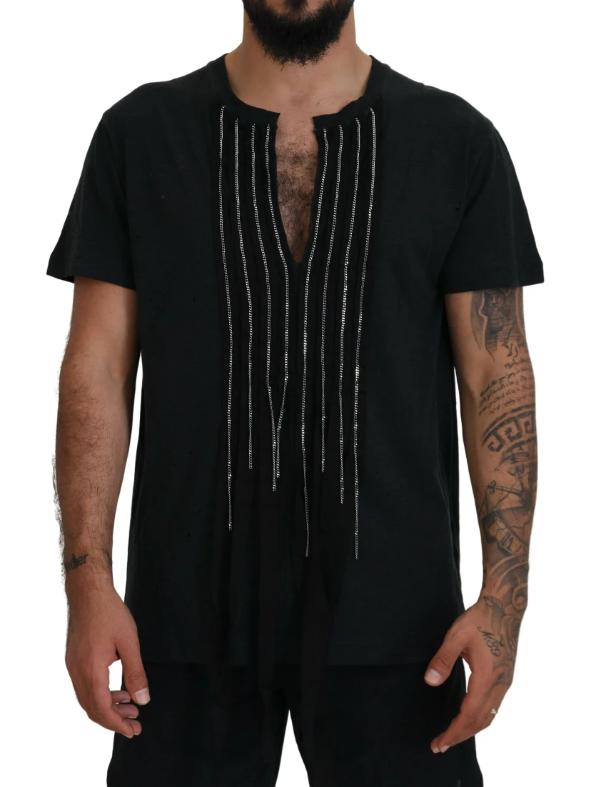 Black Chain Embellished Cotton Short Sleeve T-shirt