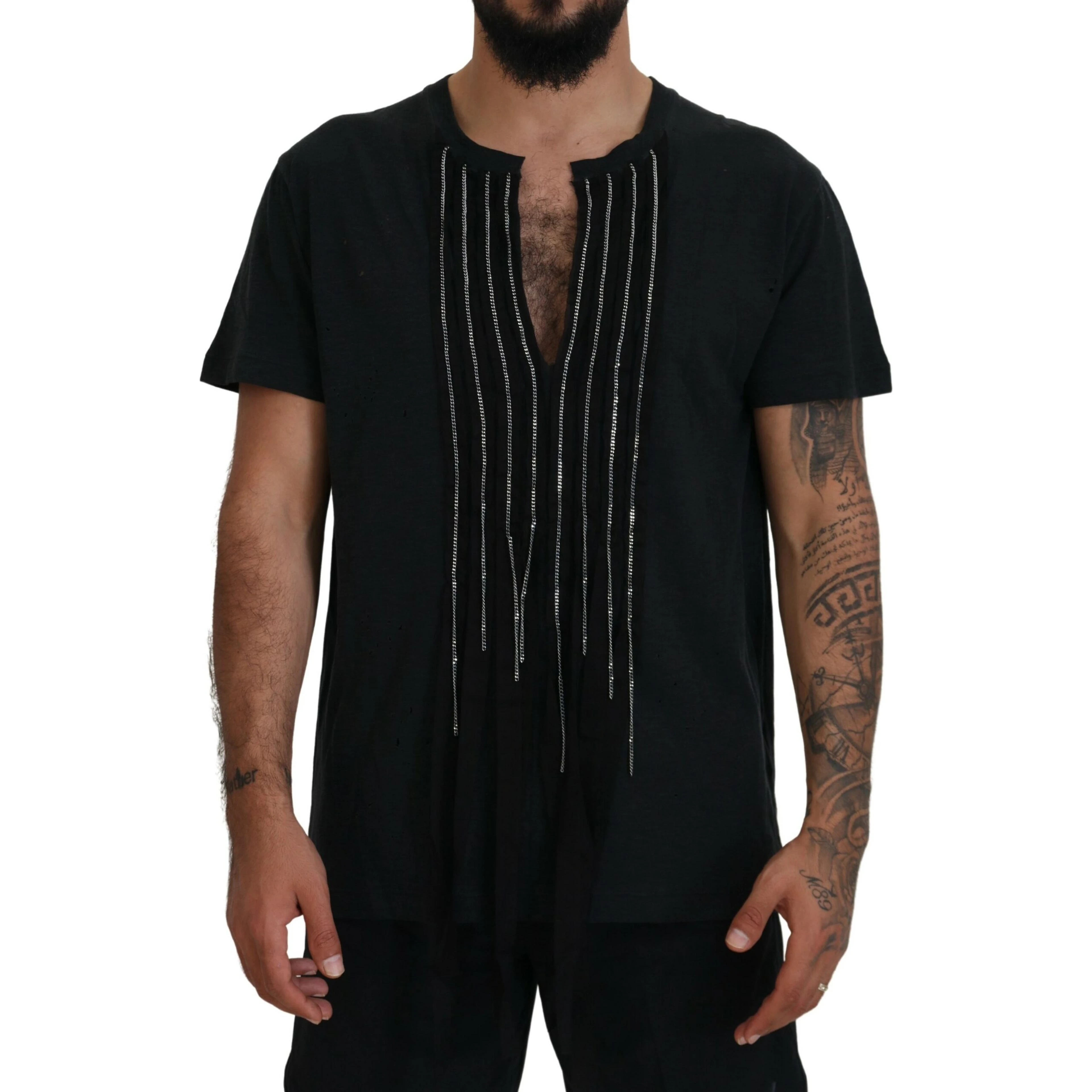 Black Chain Embellished Cotton Short Sleeve T-shirt