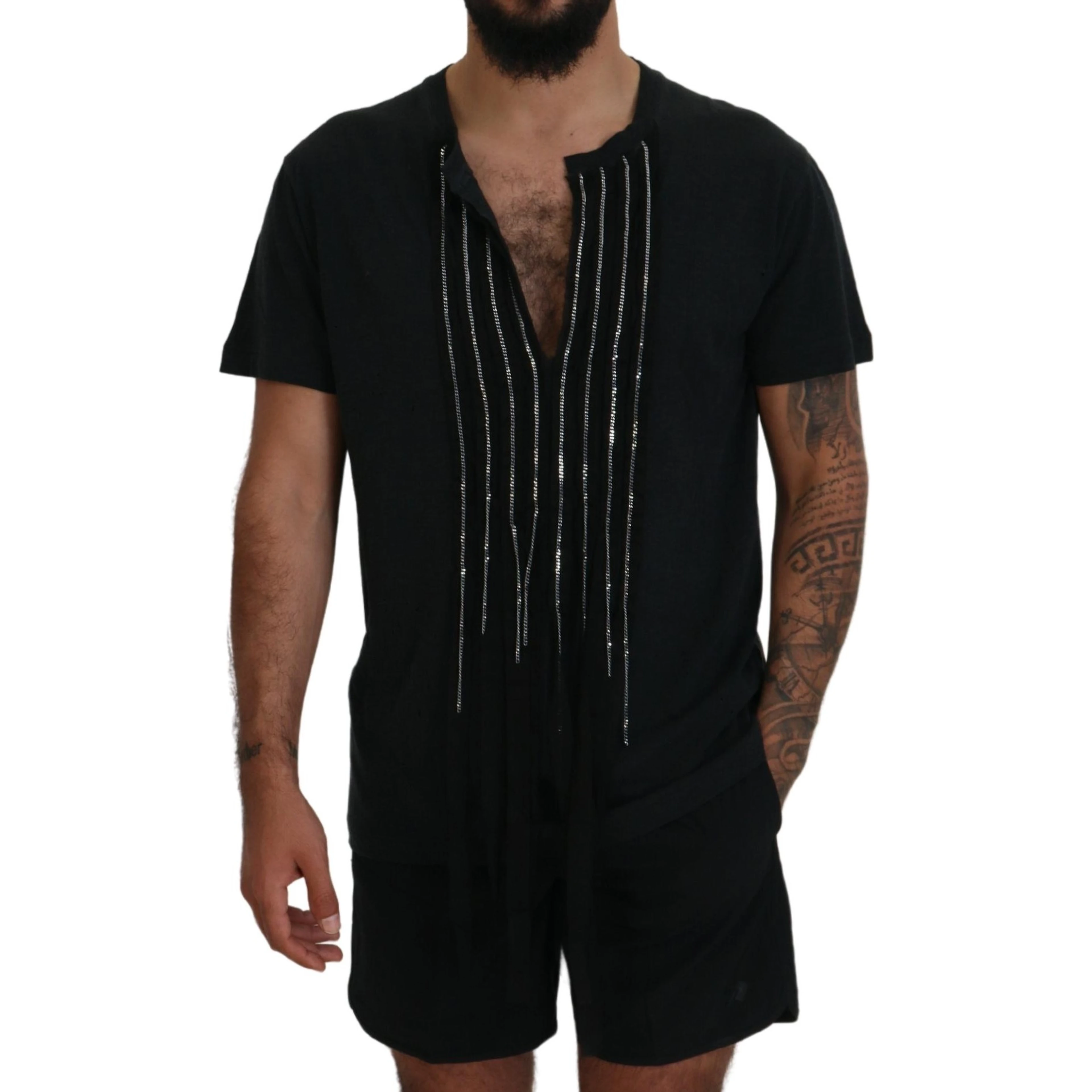 Black Chain Embellished Cotton Short Sleeve T-shirt