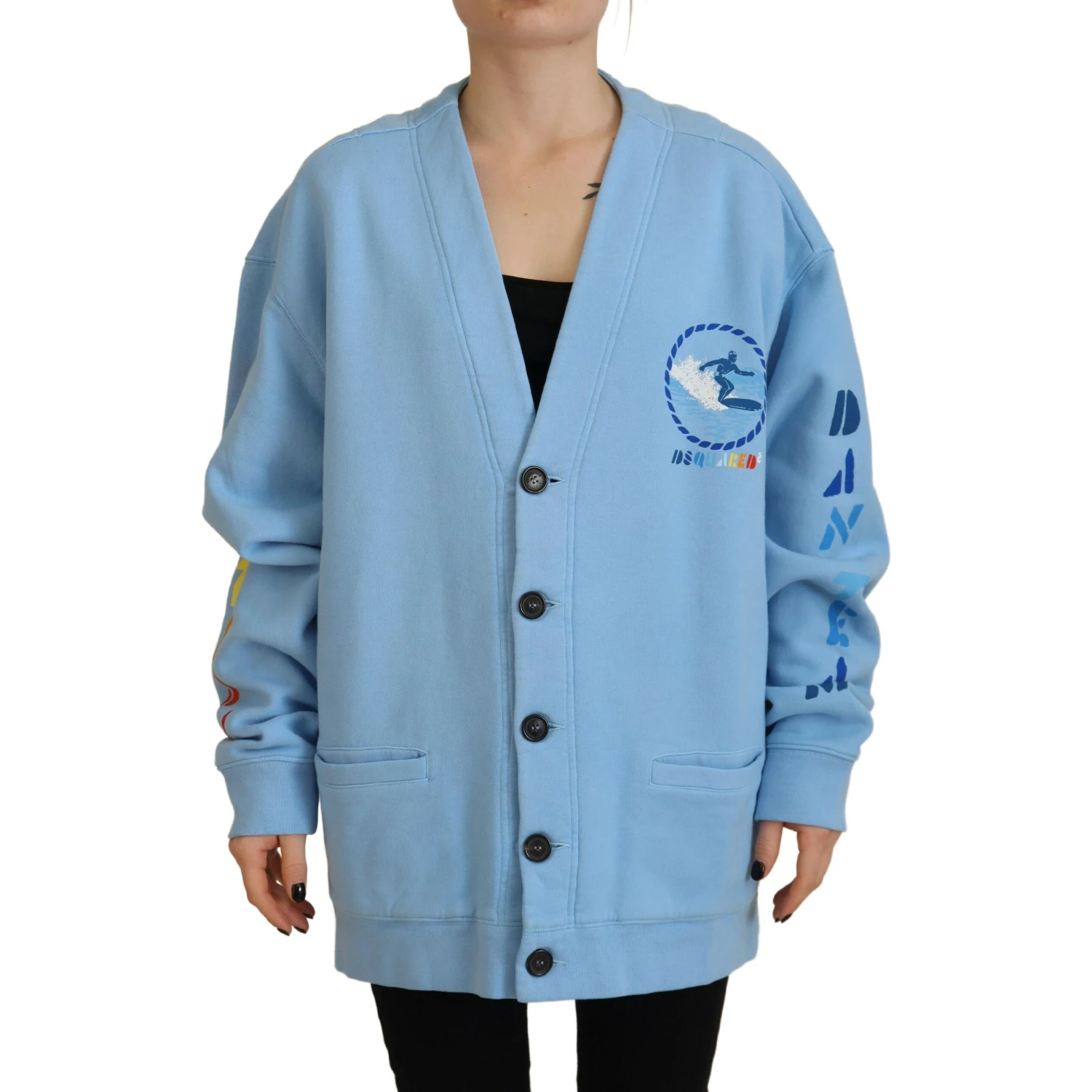 Blue Cotton Knitted Buttoned Cardigan Sweater