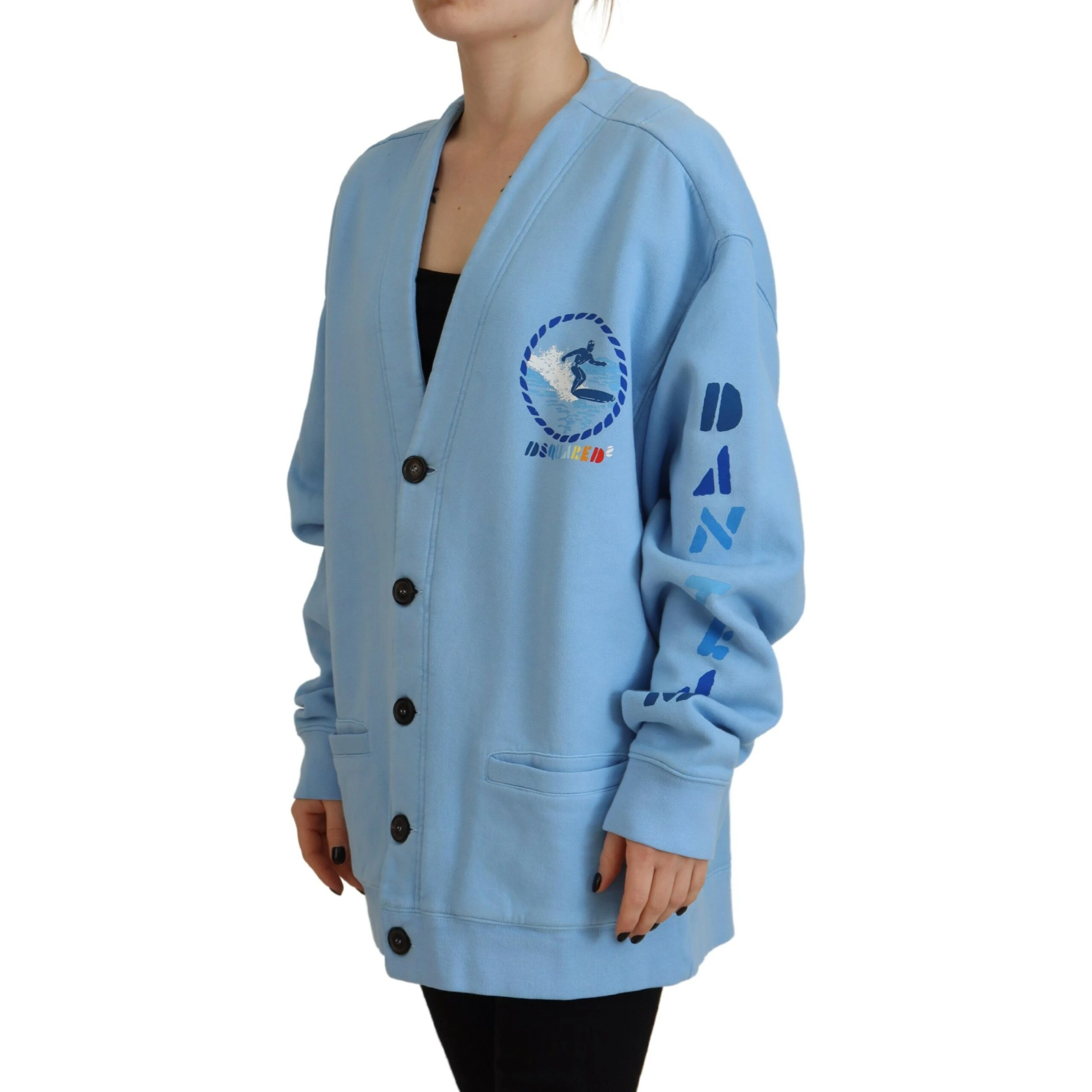 Blue Cotton Knitted Buttoned Cardigan Sweater