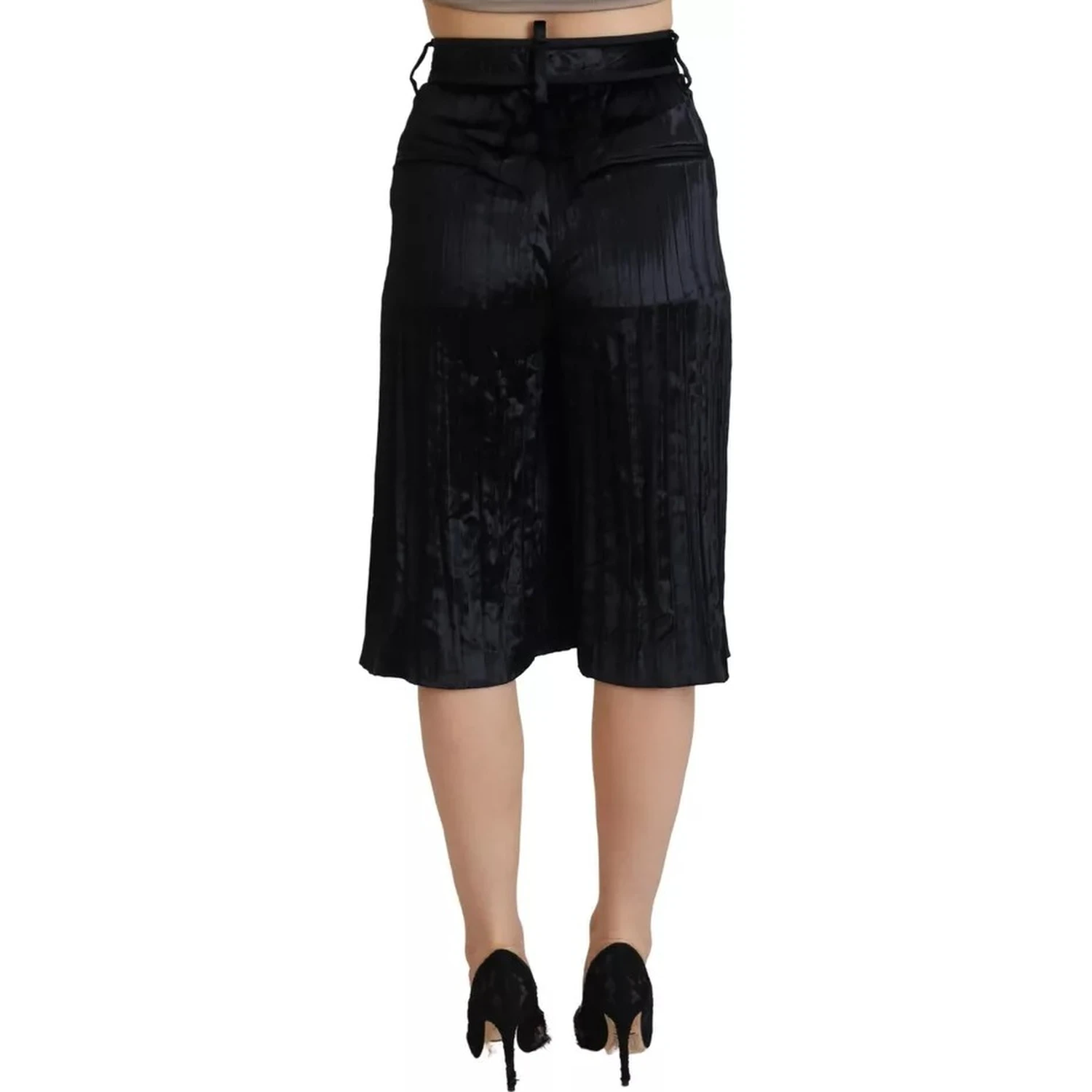 Black Pleated High Waist Wide Leg Cropped Pants