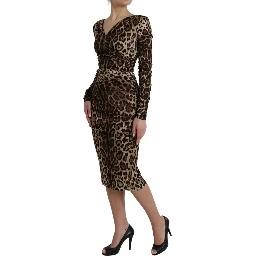 Brown Leopard Print Bodycon V-neck Midi Dress