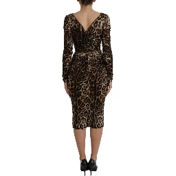 Brown Leopard Print Bodycon V-neck Midi Dress