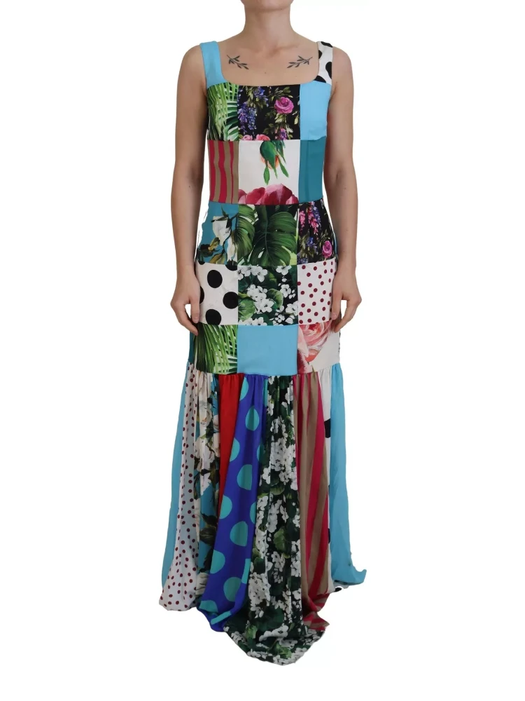 Silk Multicolor Patchwork Sheath Maxi Dress