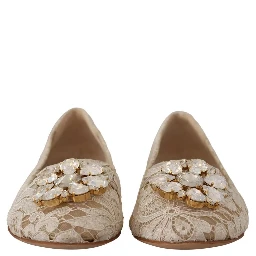 Beige Lace Crystal Ballet Flats Loafers Shoes