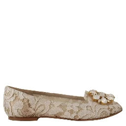Beige Lace Crystal Ballet Flats Loafers Shoes