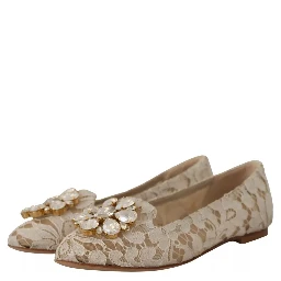 Beige Lace Crystal Ballet Flats Loafers Shoes