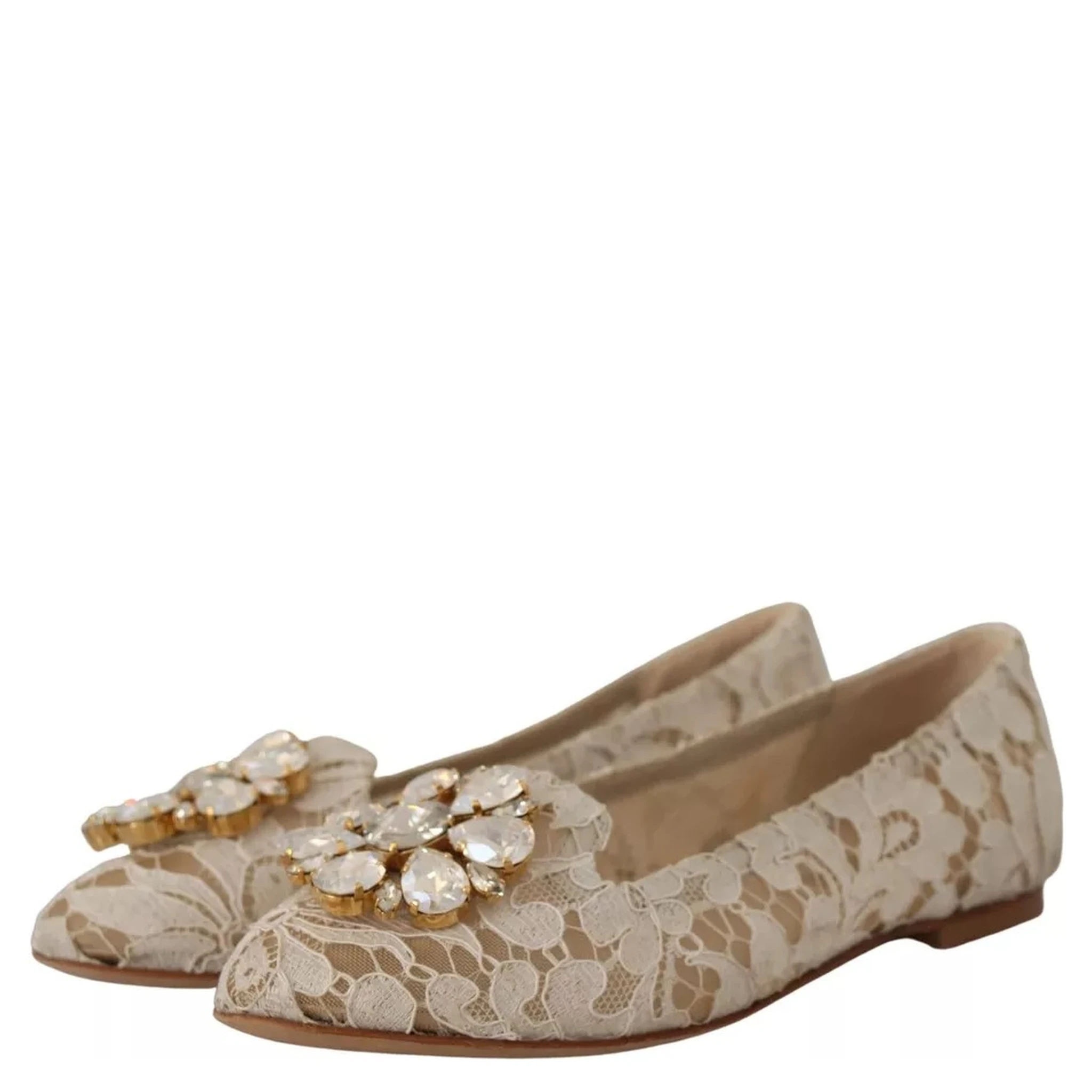 Beige Lace Crystal Ballet Flats Loafers Shoes