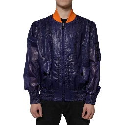Blue Cotton Stretch Full Zip Bomber Jacket