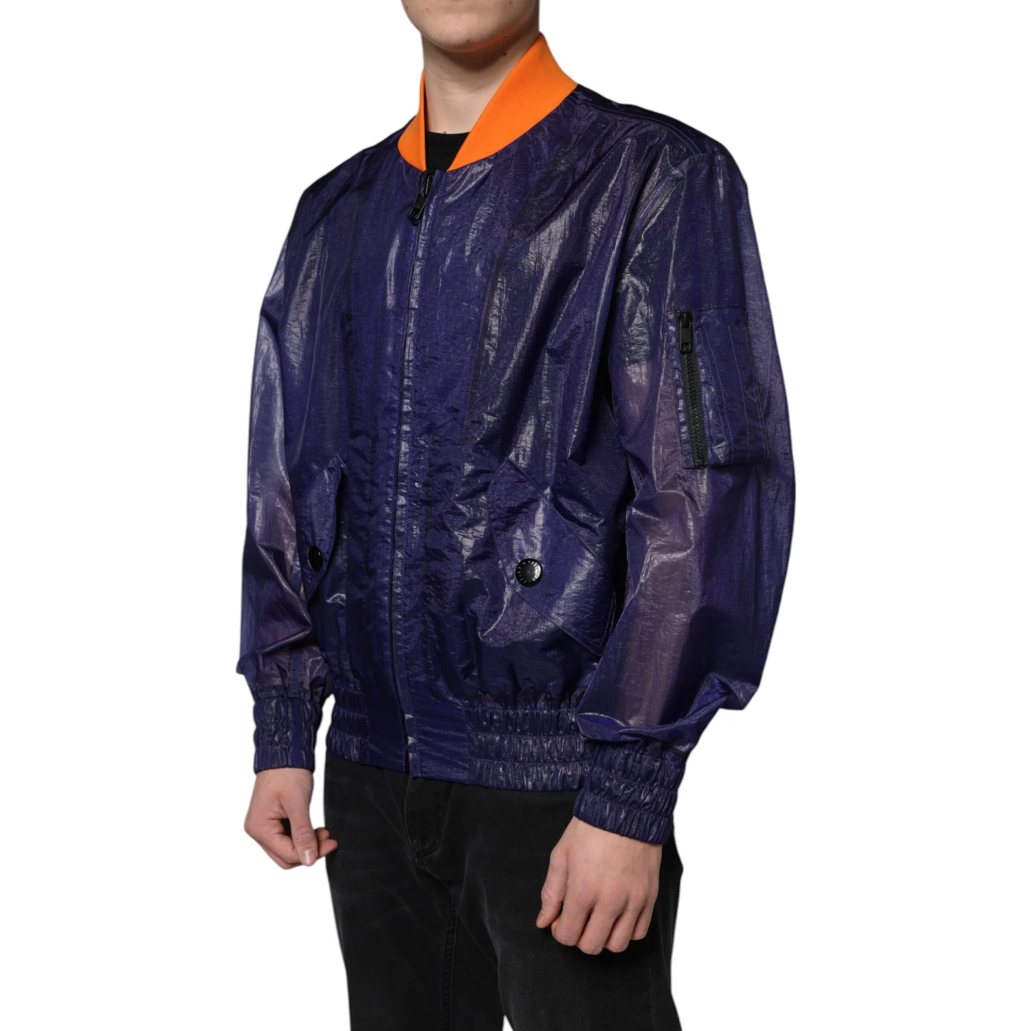 Blue Cotton Stretch Full Zip Bomber Jacket