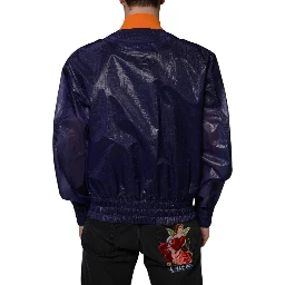 Blue Cotton Stretch Full Zip Bomber Jacket